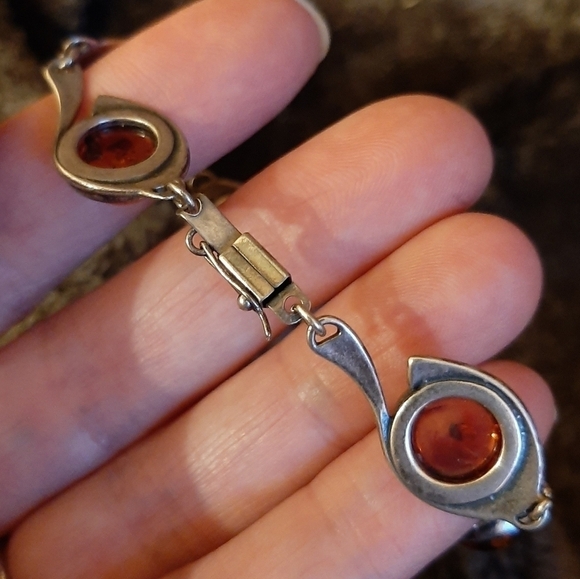 Vintage Amber Sterling Silver Bracelet 7.5" Art Nouveau Honey Unique Artsy Earth - Picture 7 of 8